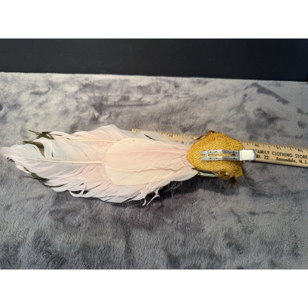 Vintage Gold Pinkish Peacock Real Feathers Clip On Christmas holiday ornament - Picture 6 of 11